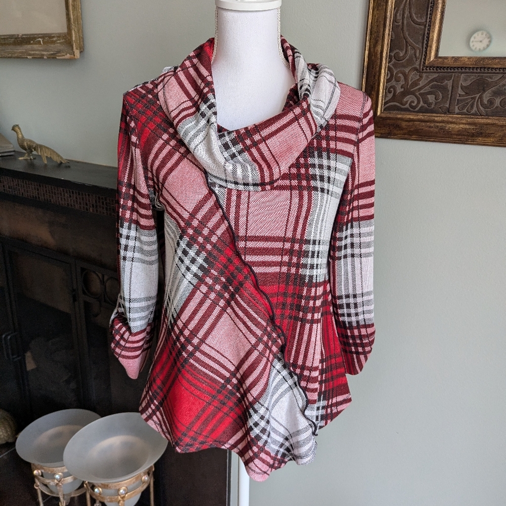 Ali Miles Women's Petite Medium Cowl Neck Asymmetrical Hem Tunic 3/4 Sleeve